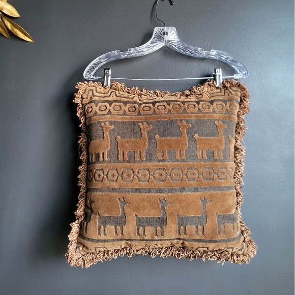 Brown Raised Texture Embroidered Llama Alpaca Fringe Throw Accent Pillow 16x16 - Picture 1 of 5